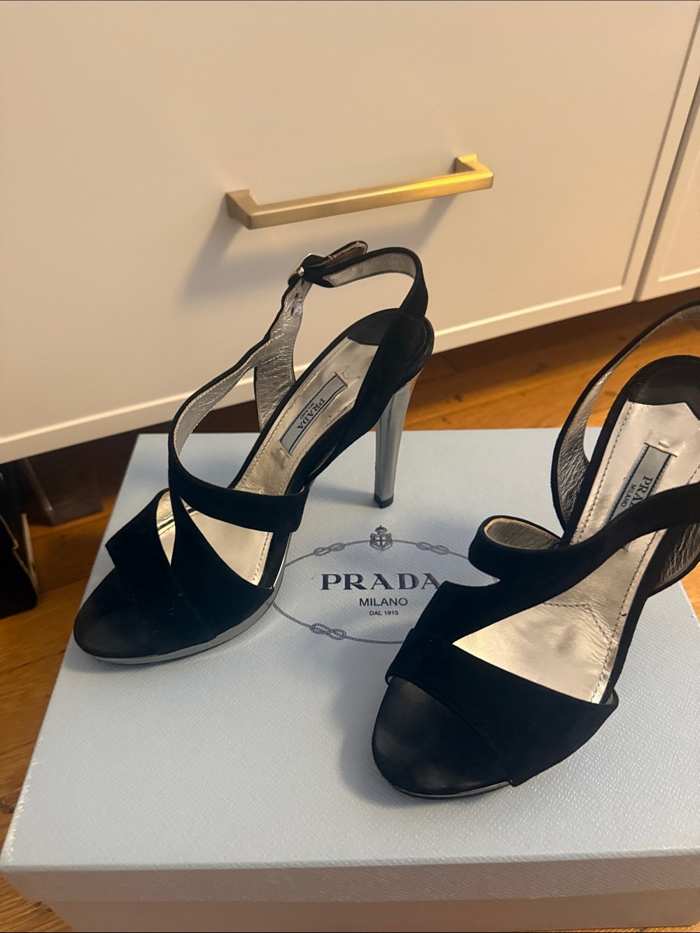 Prada Black Suede Strappy High Heel Sandals with Silver Heel